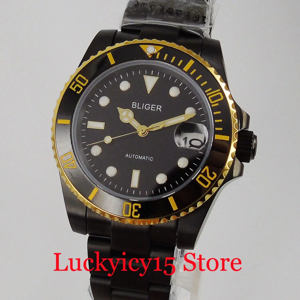 BLIGER Luxury Black Gold Coated Automatic Men Watch Sapphire Crystal NH35 MIYOTA 8215 Movement