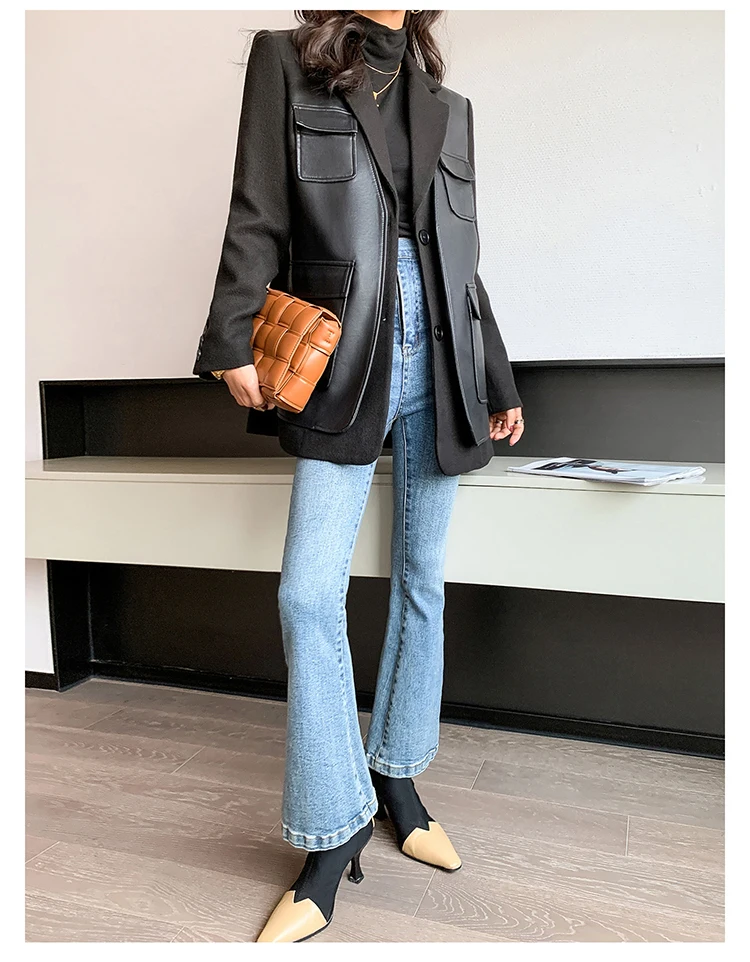 Nerazzurri Autumn Black Wool Blends Patchwork Leather Jacket Women with Many Pockets Long Sleeve Korean Fashion Streetwear 2022