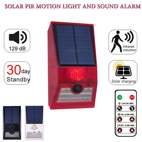 Imagen 1 del producto Luz de alarma con Sensor de movimiento PIR Solar multifunción, Control remoto, sirena de 129dB para el hogar, jardín, cobertizo, caravana, lámpara de seguridad para granja