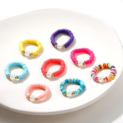 Boho Multicolor Polymer Clay Rings for Women Vintage Ethnic Handmade Imitation Pearl Bead Stack Elastic Ring Femme Jewelry Gift