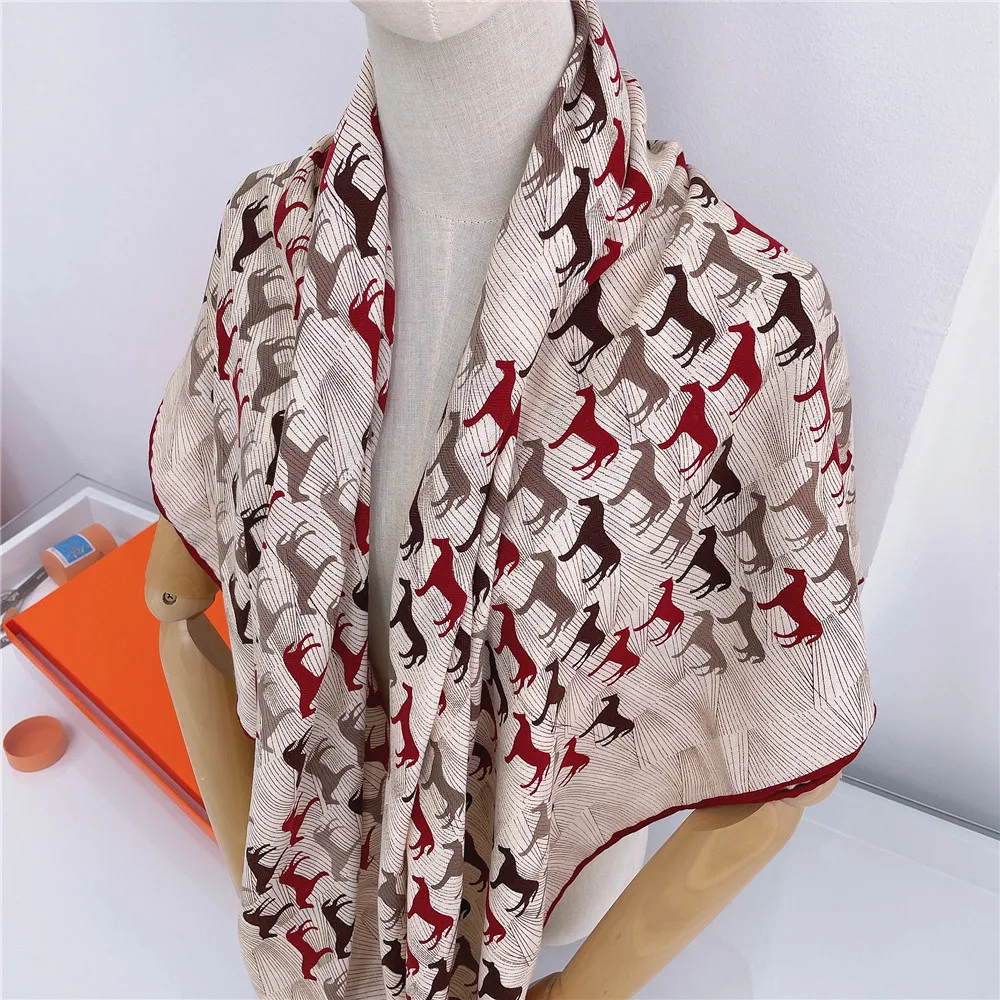 POBING Silk Cashmere Scarf Women Hand Rolled Shawls Horse Print Square Scarves Wraps Lady Bandana Big Hijabs Female Foulards