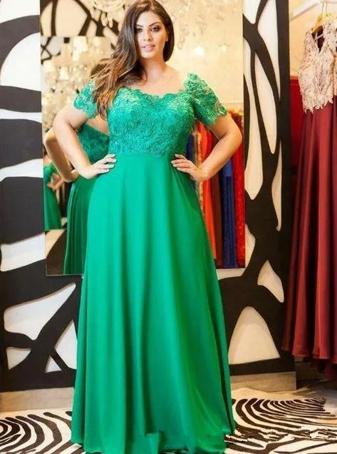 Vestido de fiesta de talla grande verde 2020, largo, con cuello cuadrado y encaje Empire, manga corta de gasa, largo, vestidos de noche baratos