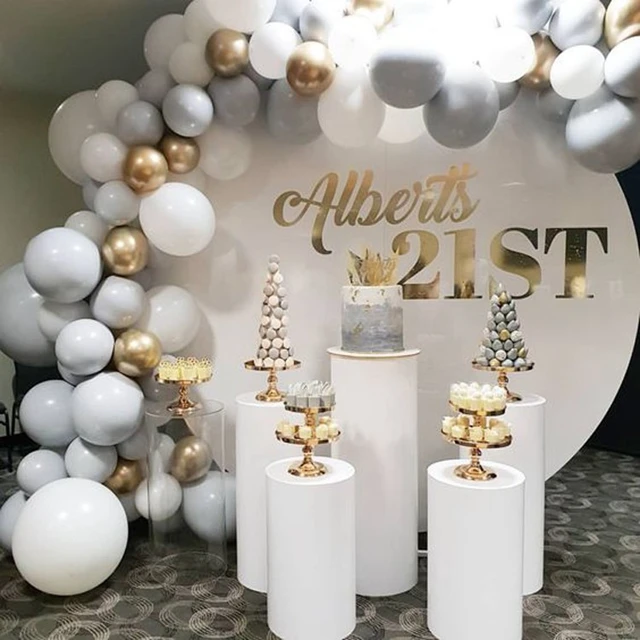 

5pcs/set)Wedding pedestal gold baby shower backdrop white mental columns for cakes Baby shower stands yudao340