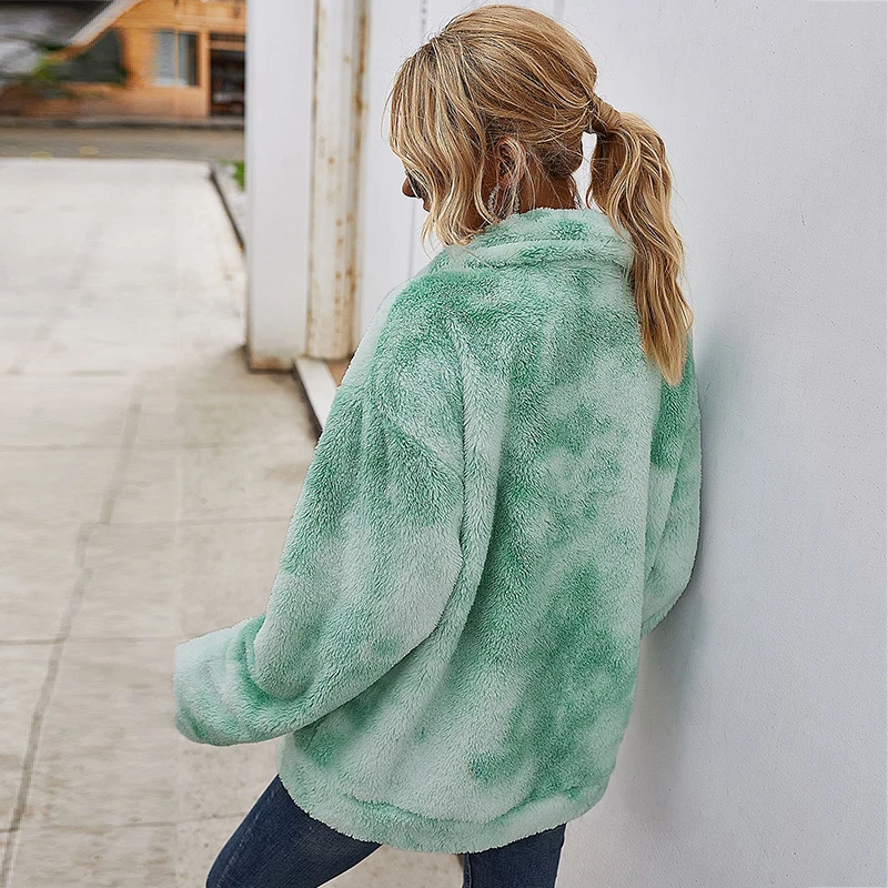 ผู้หญิง Lamb Fur Coat ฤดูใบไม้ร่วงฤดูหนาว Tie Dye เปิดลงปกซิปกระเป๋าสุภาพสตรี Casual Outerwear เสื้อขนแกะสำหรับหญิง