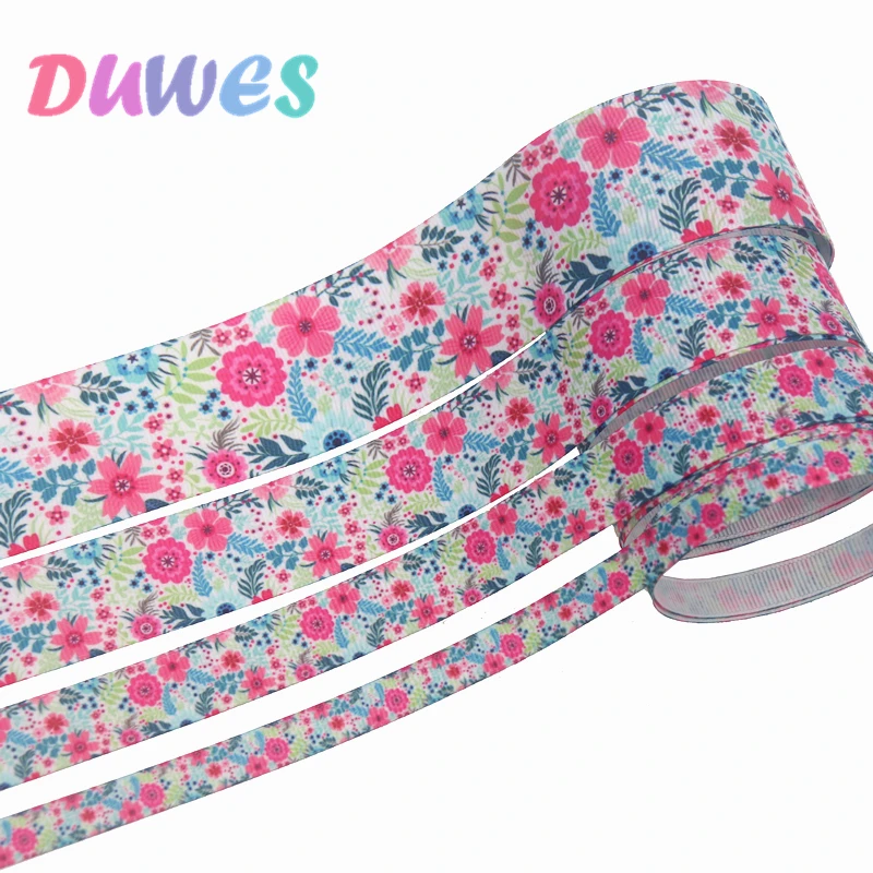 DUWES 4 sizes options 50yards flowers Printed Grosgrain Ribbon Accessory Hairbow Headwear Decoration DIY Wholesale D1330