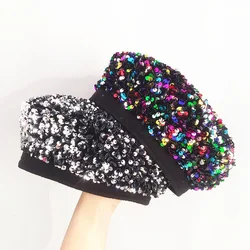 Autmn women lady casual cotton sequins beret cap Girl punk Hip hip rainbow beret British artist pumpkin hats Gorros