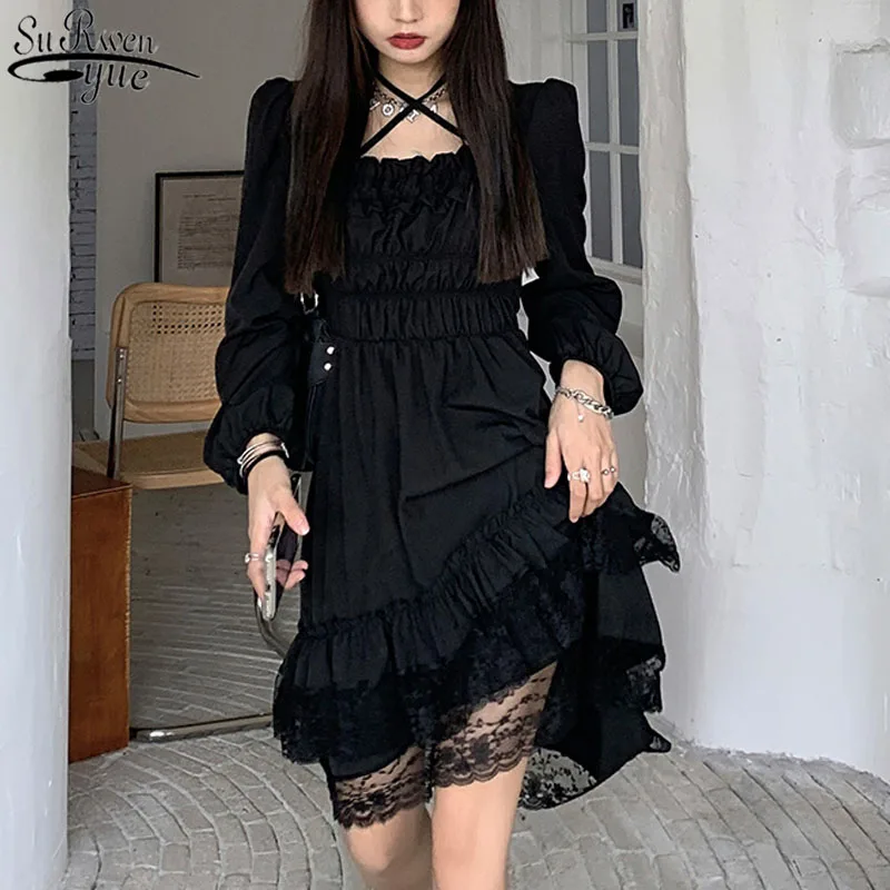 Black Party Dress Women Irregular Japan Style Kawaii Gothic Dress Female Lace Ruffles Puff Sleeve 2022 Summer Dresses 13244