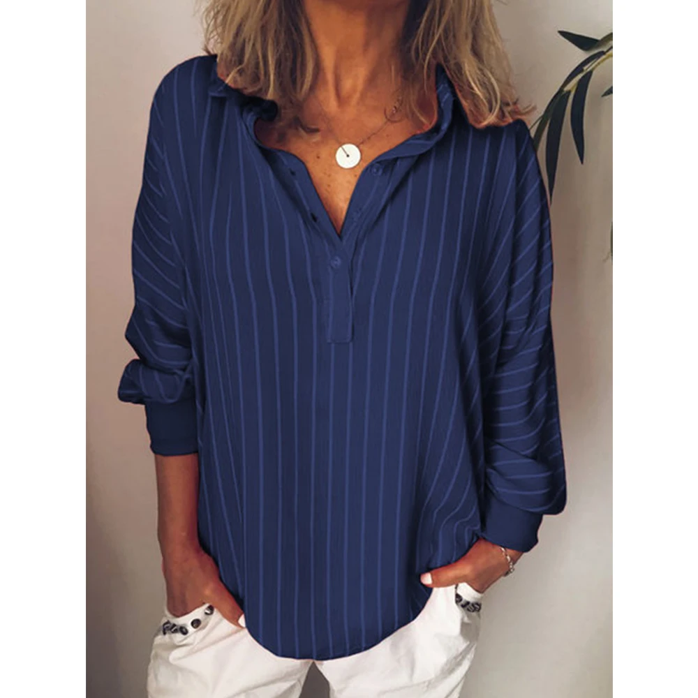 Donna di modo di estate camicette stripe Allentato Casual A Righe Button Risvolto Camicia A Maniche Lunghe ragazza Top button Camicetta