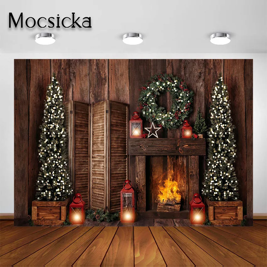 Mocsicka Christmas Tree Fireplace Backdrop Vintage Brown Wood Wall Photography Background for Photocall Photo Studio