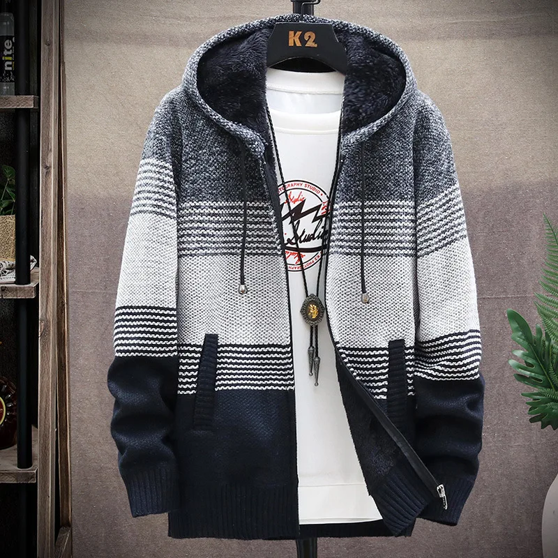 Áo Khoác Cardigan Nam Áo Len Áo Khoác Mùa Đông Trang Áo Len Dệt Kim Áo Khoác Nam Áo Len SọC Áo Khoác Ấm Dây Kéo Len Trùm Đầu Cardigan Nam