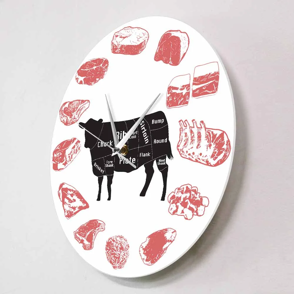 Angus Beef Chart Minimalist Wall Clock Steak House Farmhouse Kitchen Wall Art Silent Quartz Clock Cow Meat Cut Butcher Art Clock