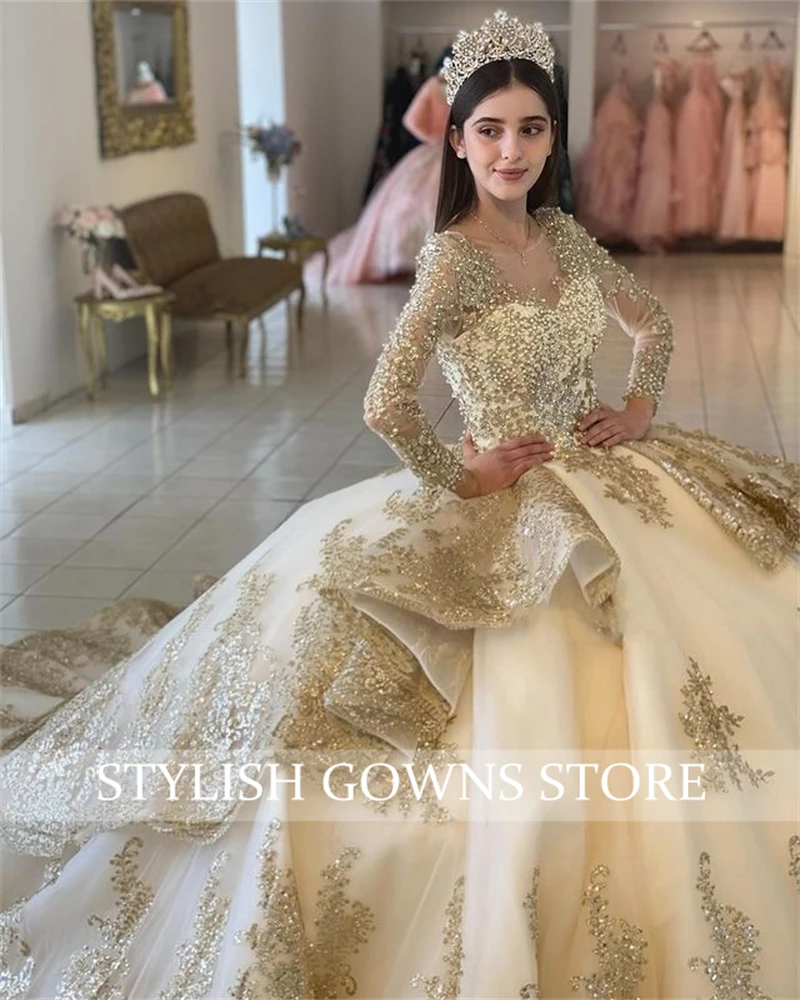 Gold Sweetheart Ball ชุดลูกปัด Quinceanera เดรสแขนยาว Corset ชุดเจ้าหญิงหวาน16 15 Vestidos De Fiesta