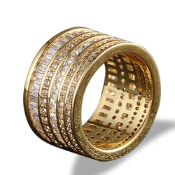 Hip Hop 5 Rows CZ Stone Paved Bling Ice Out Geometric Round Finger Rings for Men Rapper Jewelry Gold Silver Color