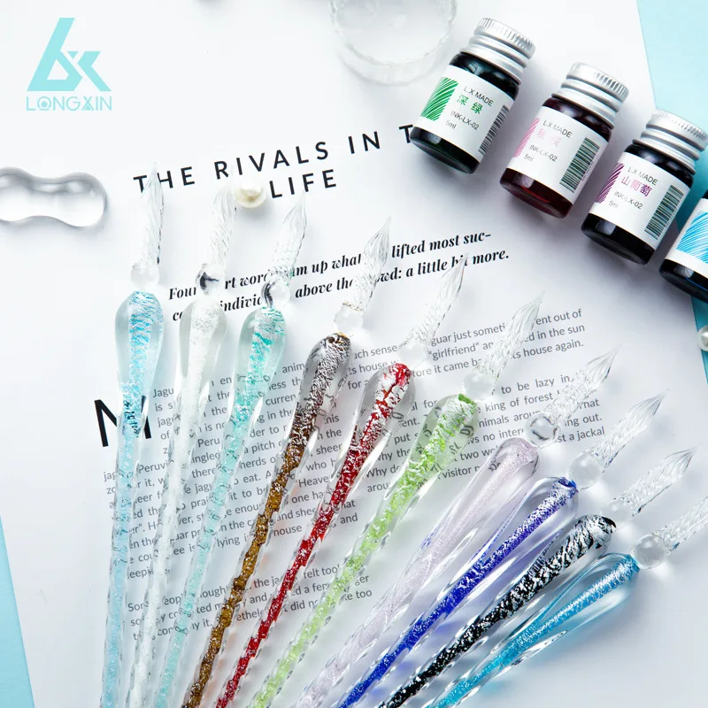 1 Set Handmade Glass Pen Gift Box with Golden Paste Fountain Pen Ink Pen Set and Dipping Pen Stationery