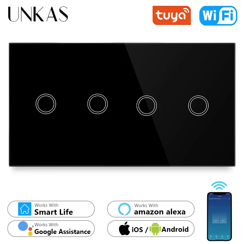 UNKAS 4 Gang Wifi EU Standard Touch Smart Switch Black Crystal Glass 157mm Panel Home Improvement Work Tuya Alexa / Google