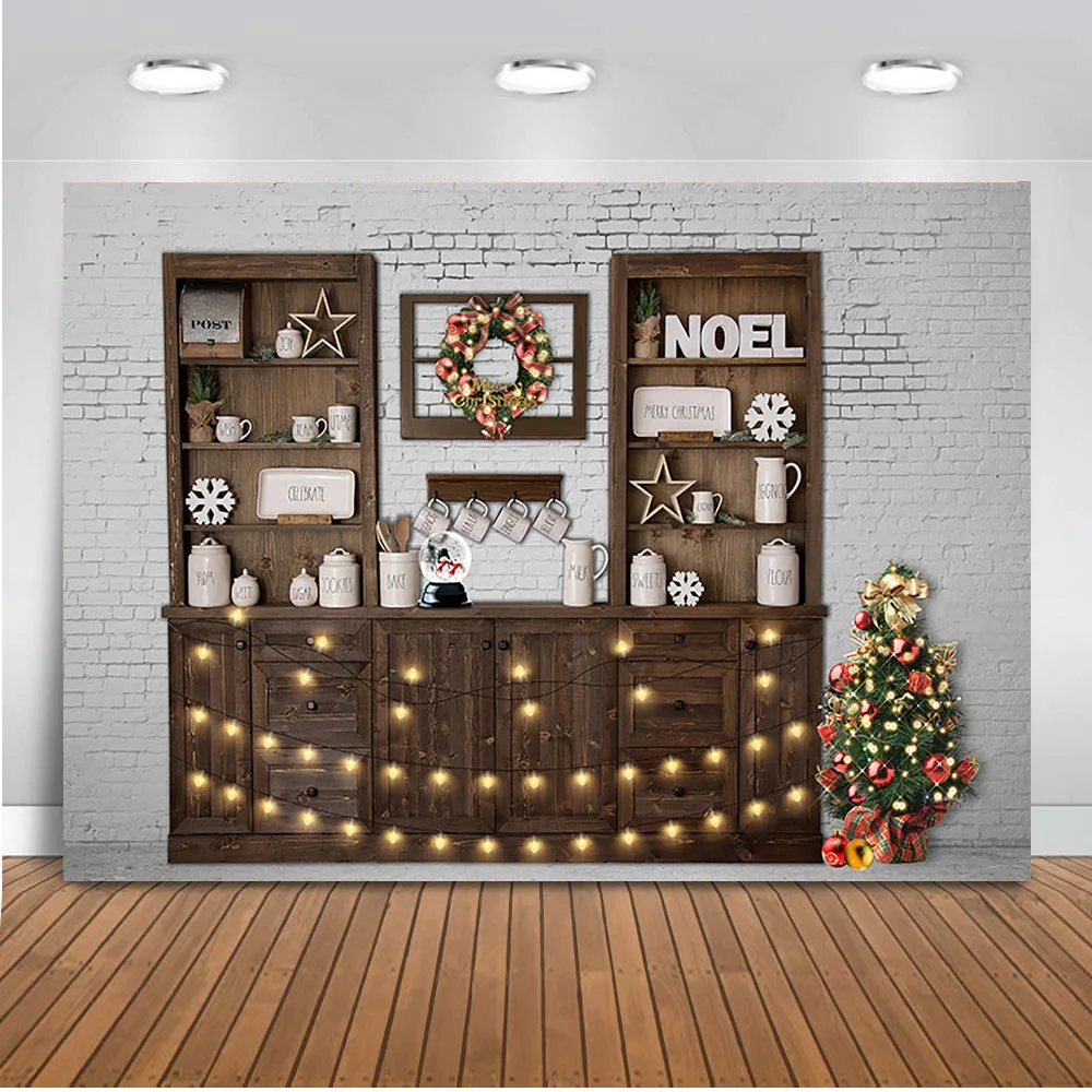 

MOCSICKA Christmas Tree Brick Photo Background Wooden Kitchenware Light Photography Backdrops for Photo Studio Supplies Props