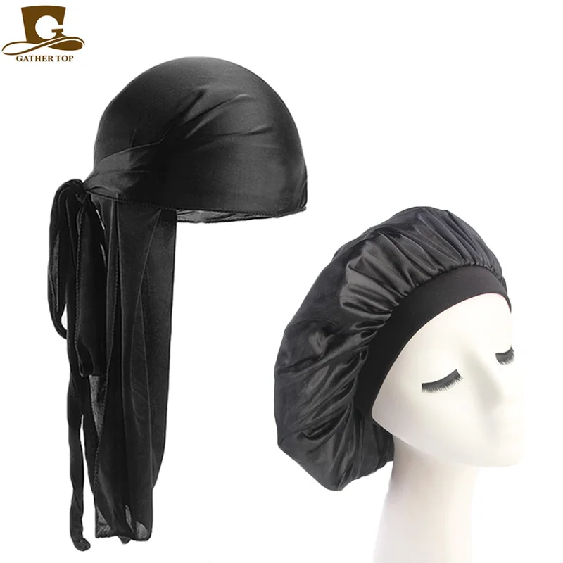 Sombrero de dormir para hombre y mujer, gorro con cola larga y correas anchas, color sólido y sedoso, cómodo