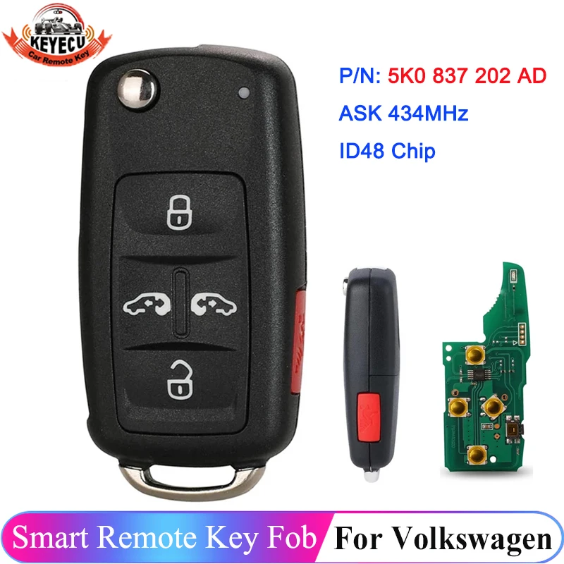 KEYECU 5 Buttons Folding Flip Remote ASK 434MHz ID48 Chip For VW Volkswagen Sharan Multivan Caravelle 5K0 837 202 AD Car Key Fob