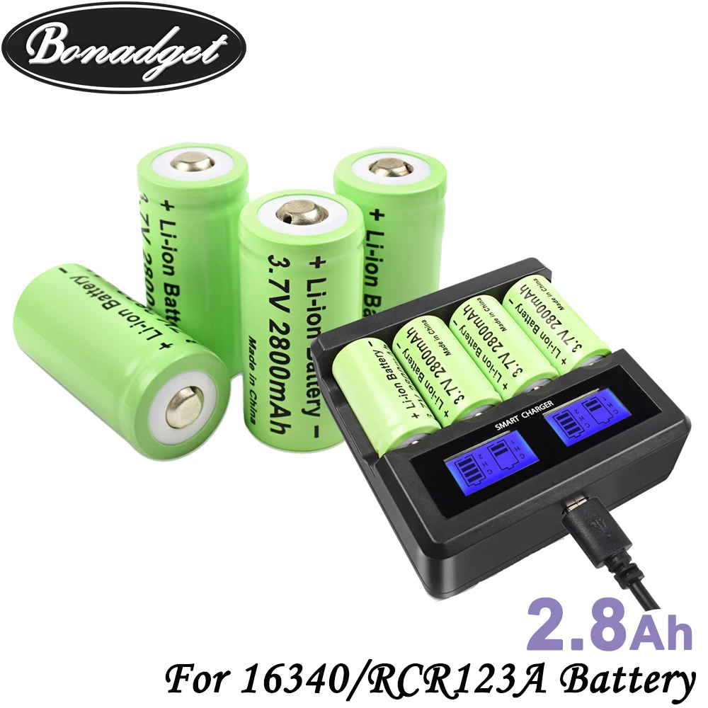 Bonadget 3.7V 2800mAh Li-ion For 16340 Battery CR123A Rechargeable Batteries CR123 for LED Flashlight Cell,Security Camera