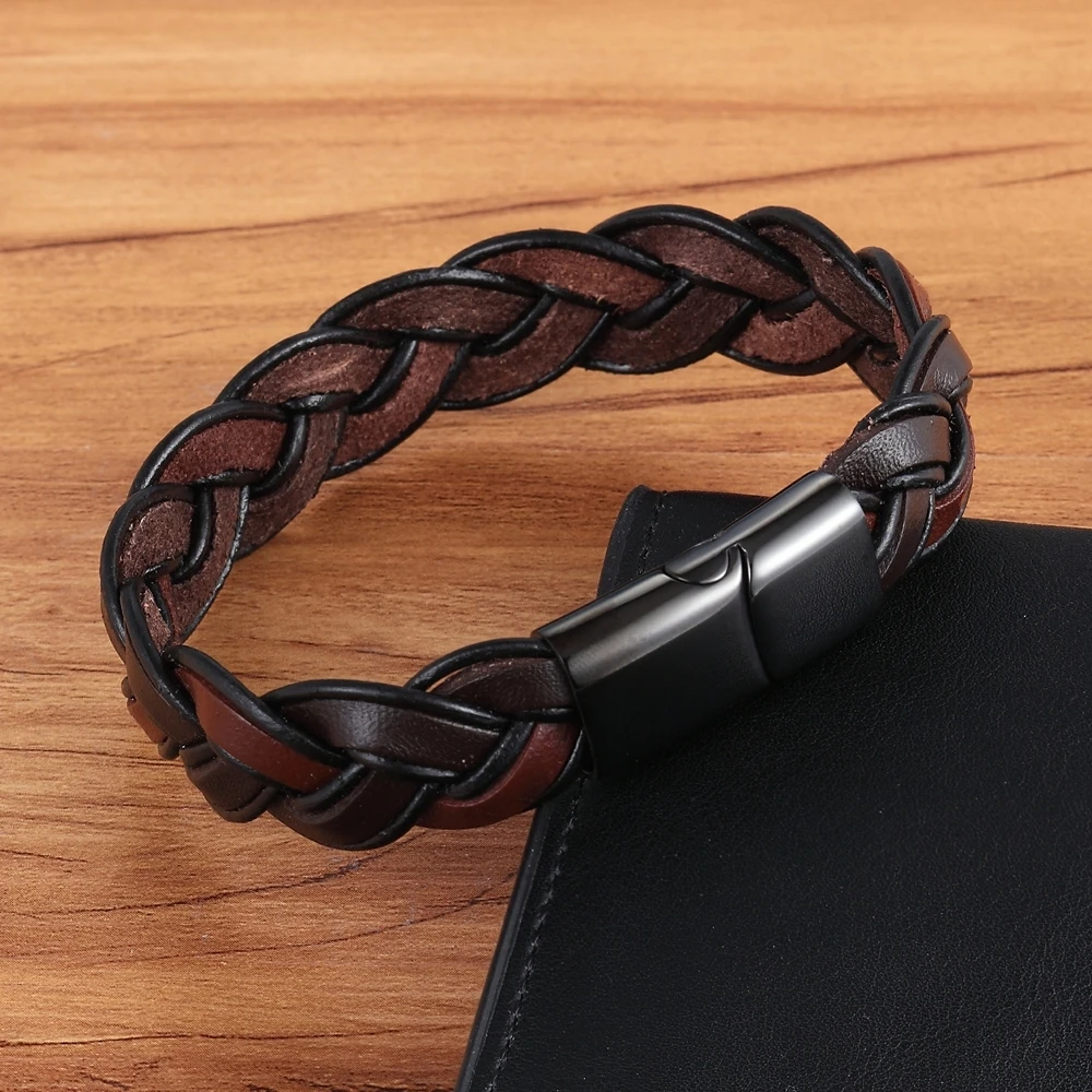 TYO New Fashion Braided Brown Leather Bracelet Men Jewelry Stainless Steel Magnetic Clasp Charm Bangles Male Wrist Band Gifts