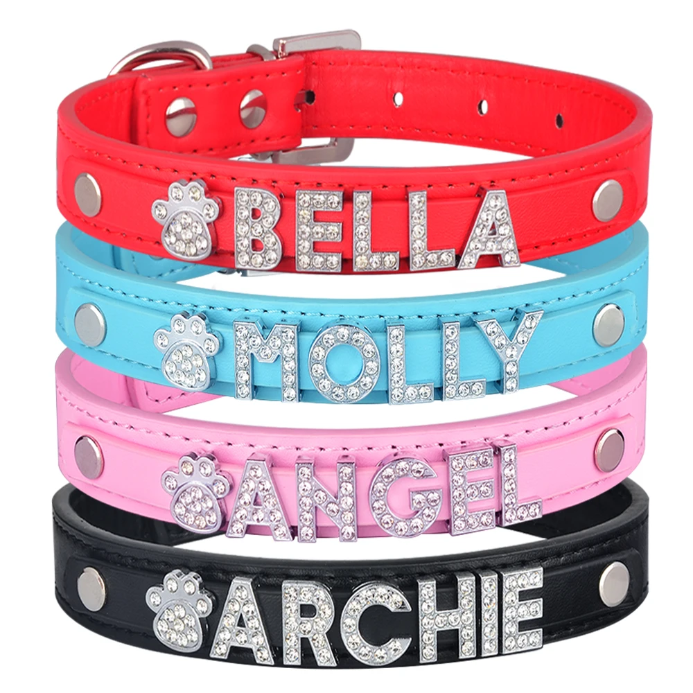 Free Rhinestone Letters Personalized Name Dog Collars Buckle Puppy Cat Necklace & Charms DIY Name Dog Collar Leather Cute