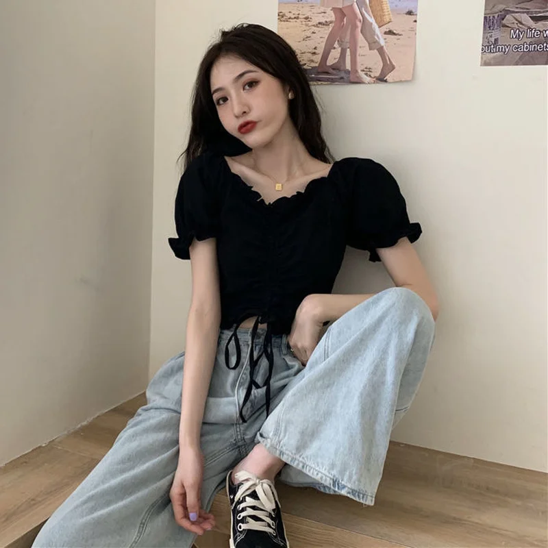 Blouses Women Crop Top Shirring V-Neck Trendy Design New Slim Tender Temperament Summer Short Sleeve Lady Pure All-match College