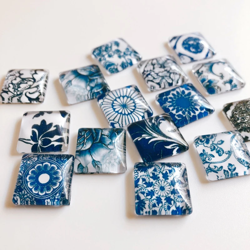 50pcs/lot clear square glass cabochon blue and white porcelain pattern mixed color fit cameo setting 10mm 12mm 15mm