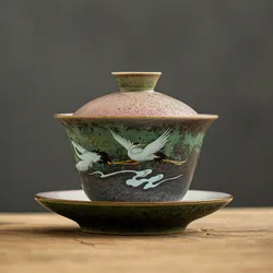 Anti-scald Large Ceramic Retro Tea Cover Bowl with Lid, Sancai Gaiwan Single Tea Bowl, Hand Painted Shining Crane Cover Bowl