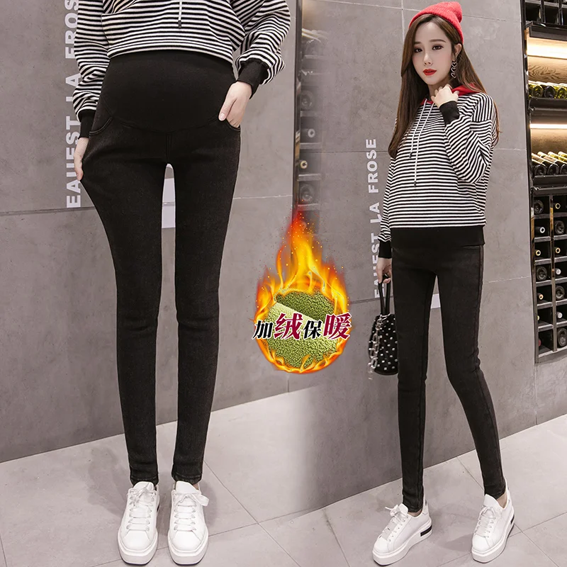 

Pregnant women with velvet foot trousers in winter the fleece thickening warm abdomen pants jeans wear pencil pants