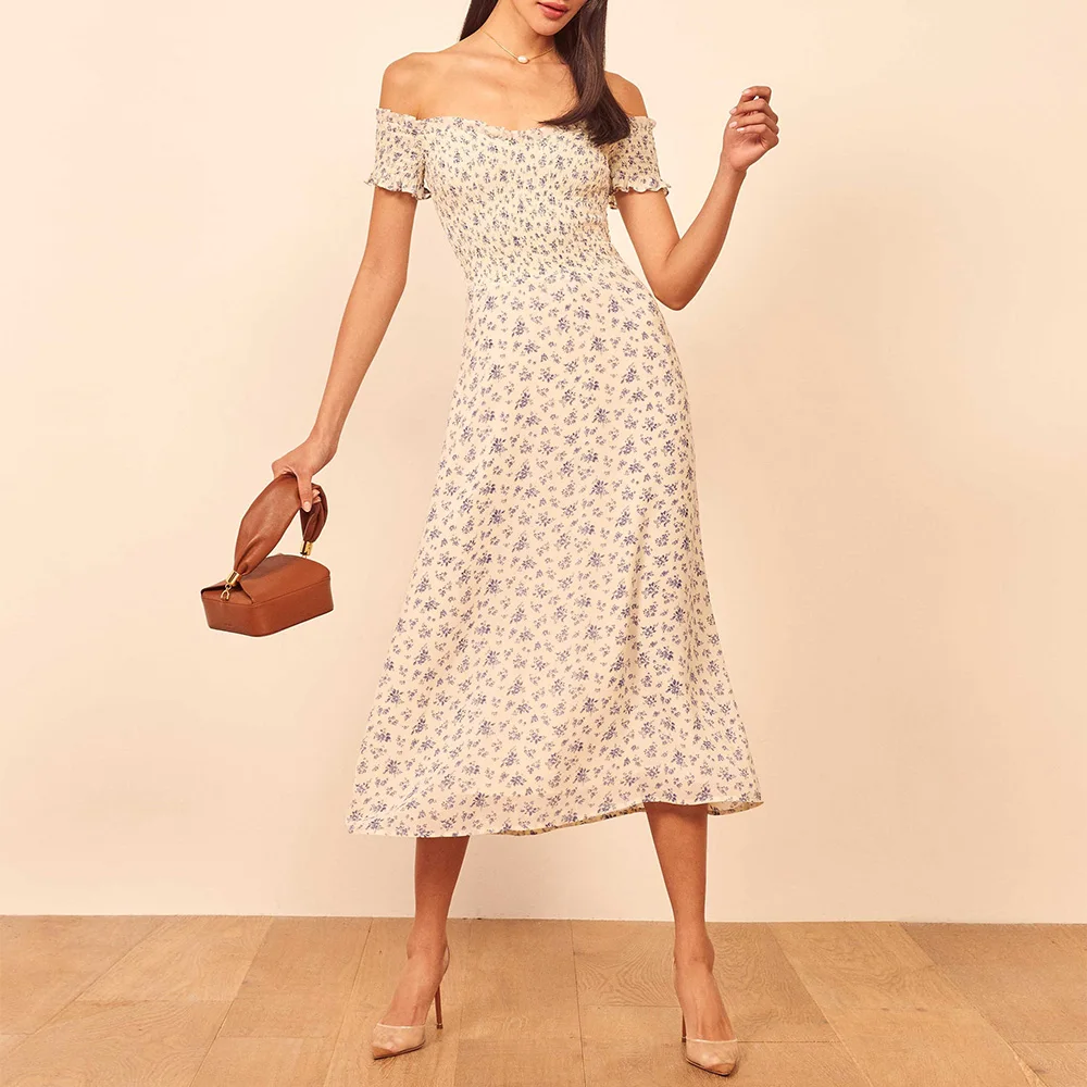 

Floral Print Summer Dresses For Women Slash Neck Ruffle Short Sleeve Sexy Off Shoulder Dress Smocked Vintage Elegant Midi Dress