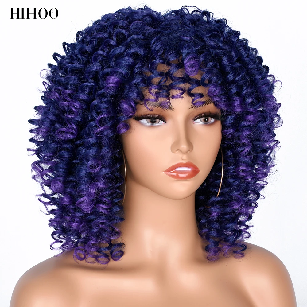 Short Hair Afro Kinky Curly Wigs With Bangs For Black Women Synthetic Wigs Natural Hair Brown Mixed Wig Cosplay Lolita