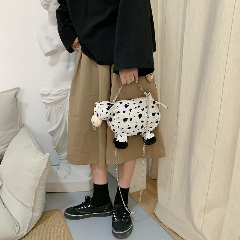 

2021 women's plush shoulder bag designer chain handbag cute soft creative cow-shaped messenger bag chic cartoon small wallet