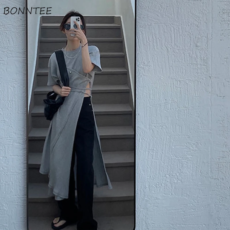 

Dress Women Summer Solid Simple Asymmetrical Side-slit 2 Colors All-match Mid-calf Fashion O-neck Leisure Streetwear Sundress