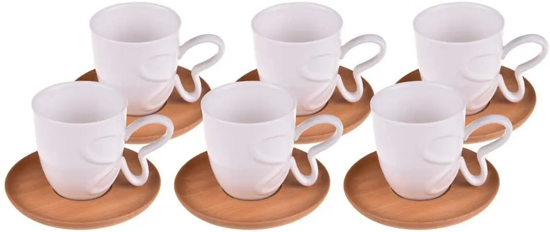 Velar Porcelain Espresso Turkish Coffee Cups with Bamboo Saucers - 2.7 Ounce for the Specialty Coffee Drinks - Set of 6, white