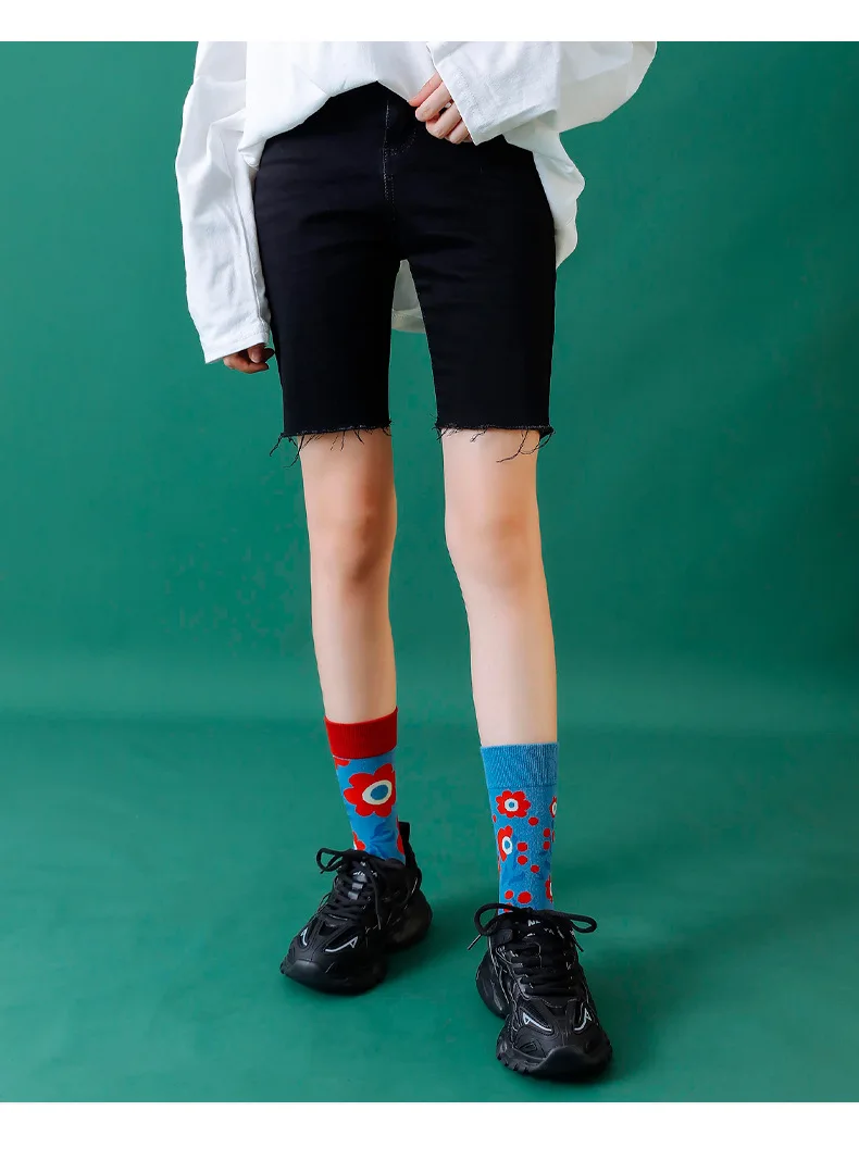 Trendy Socks Ab Paragraph Pure Cotton High Tube Socks Creative Cartoon Small Flowers New Autumn and Winter Stockings Female Sock