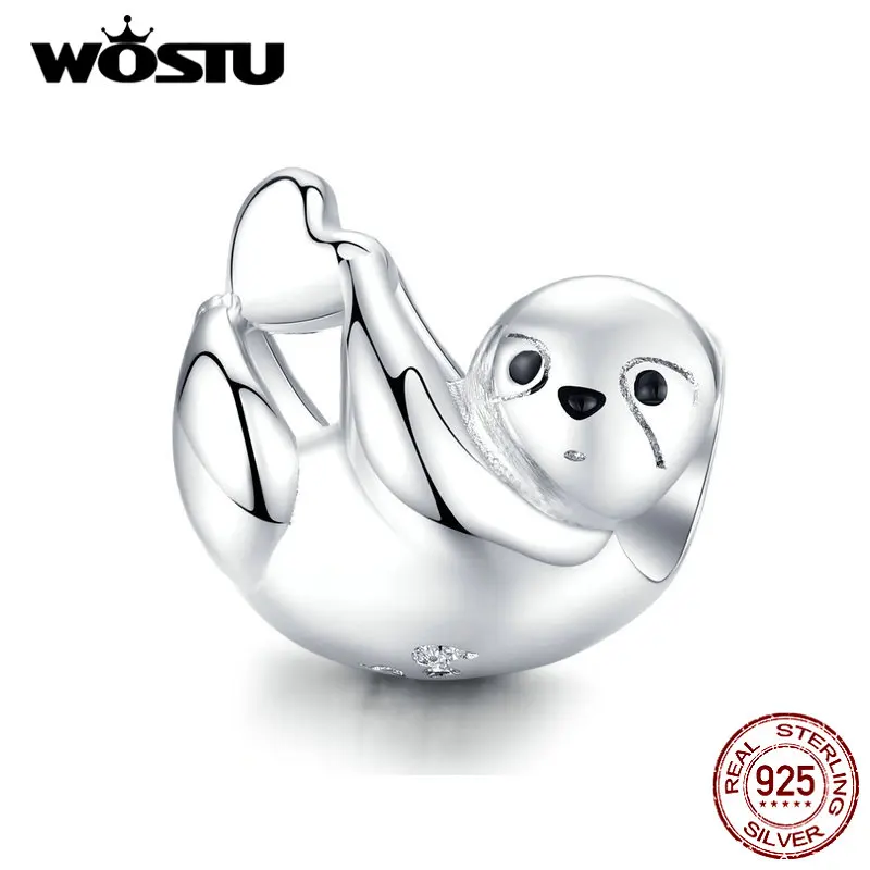 WOSTU 100% 925 Sterling Silver Lazy Sloth Beads Animal Charms Fit Original Bracelet Pendant For Women Jewelry Making CTC109