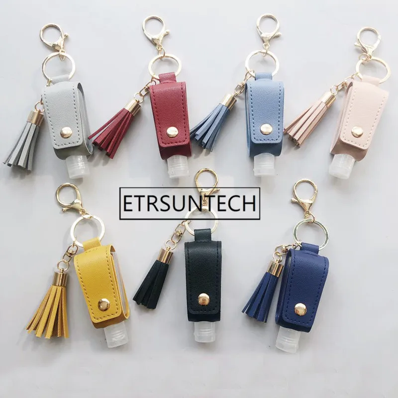 50pcs Disinfect Hand Sanitizer Empty Bottle PU Leather Keychain Holder 30ml Refillable Containers With Tassel