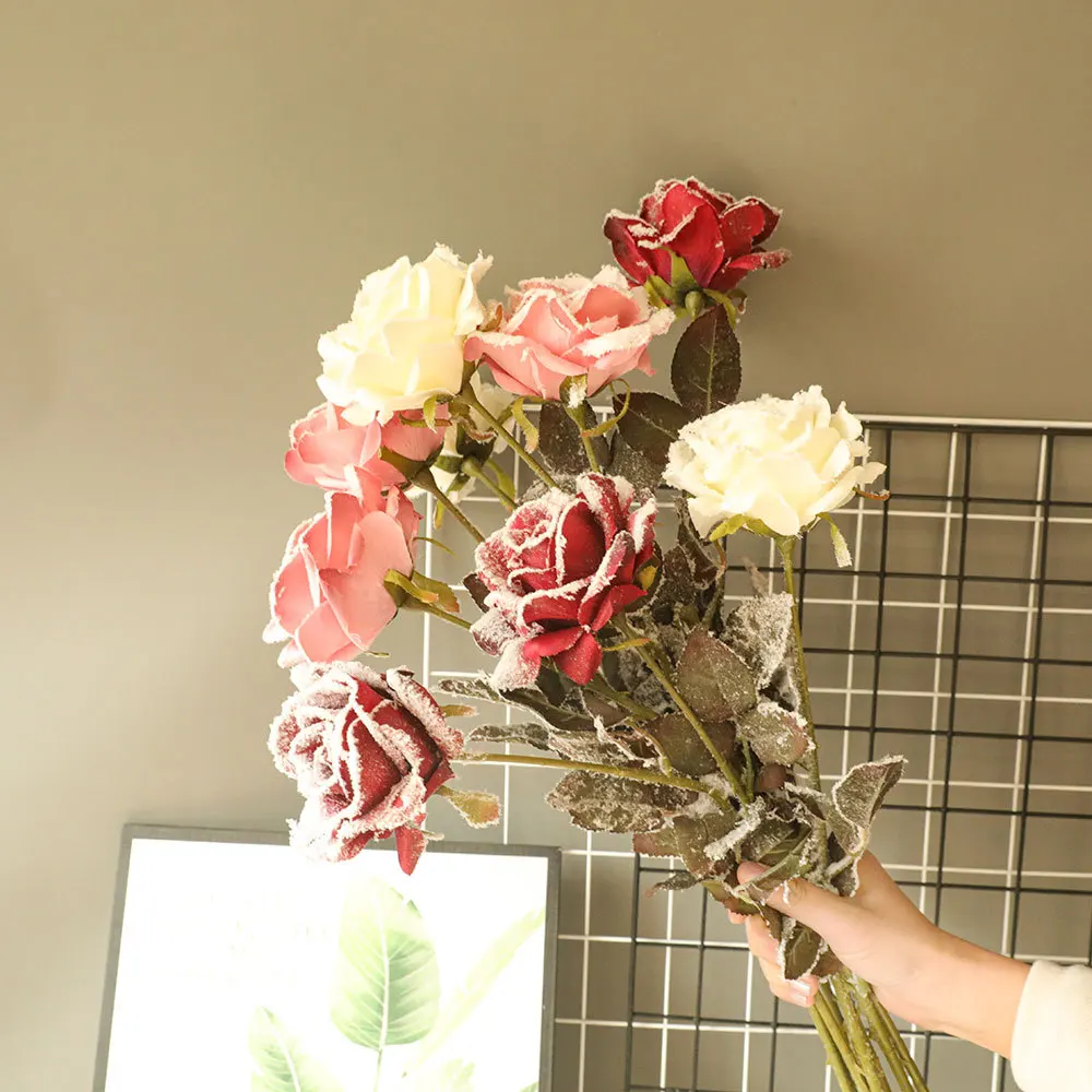 

5 Pcs/lot Sprinkle Snowflakes Rose Artificial Flower For Living Room Decoration Flower Wall Fake Silk Flower Christmas Decor