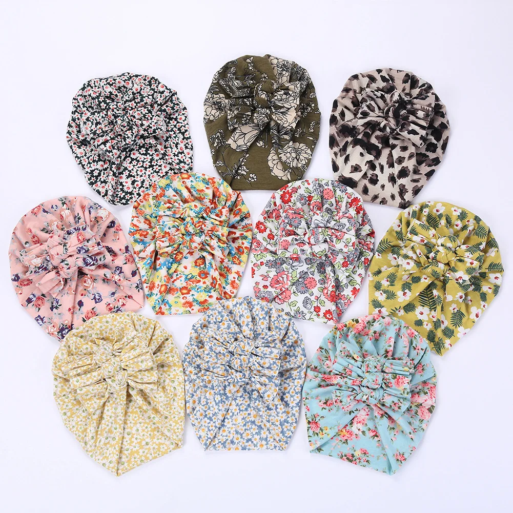 20 Pcs/Lot, Floral Printed Knot bow Turban Hat, Cotton Fabric Bowknot Beanie Head Wrap, Baby Shower Gift