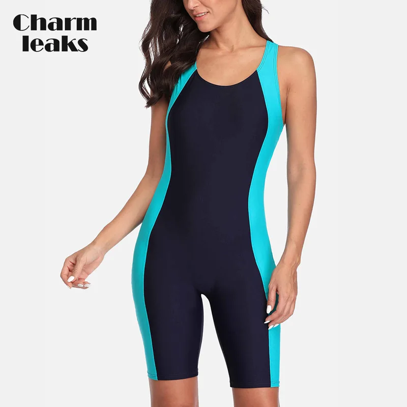 Charmleaks delle Donne di Un Pezzo Costumi Da Bagno Sport Pro Sport Costume Da Bagno Boyleg Spiaggia di Usura Colorblock Parte Posteriore Scollata,