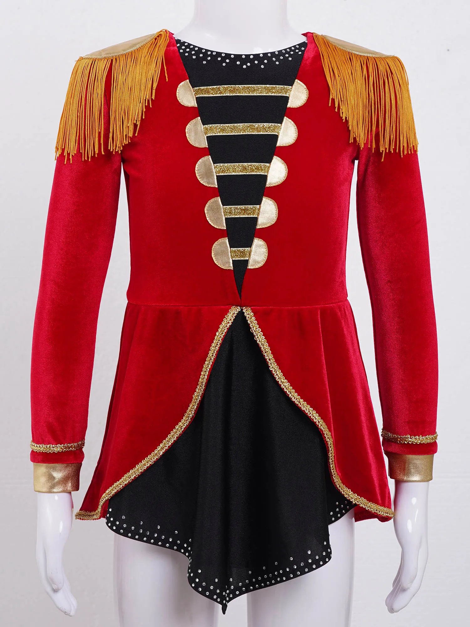 Kids Girls Circus Ringmaster Cosplay Halloween Costume Flag Raiser Honour Guard Dress Up Long Sleeve Tassel Leotard Dance Dress