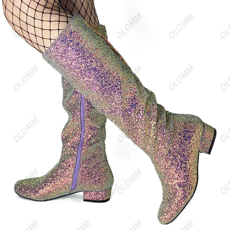 Olomm New Stylish Women Knee High Glitter Boots Square Low Heels Round Toe Purple Silver Club Wear Shoes Women Plus US Size 5-15