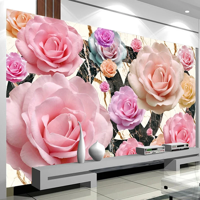 

Custom Photo Wall Painting Wallpaper Waterproof Rose Flower Marble Pattern Living Room Sofa TV Background Mural Papel De Parede