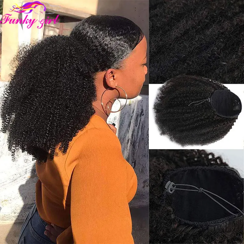 Ponytail Human Hair African Kinky Curly Deep Wave Ponytail Brazilian Remy Human Hair Extensions With Clip In Drawstring Ponytail