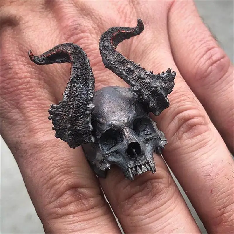 EYHIMD Detail Black 316L Stainless Steel Skull Ring Horned Satan Devil Punk Biker Rings for Men Male Jewelry