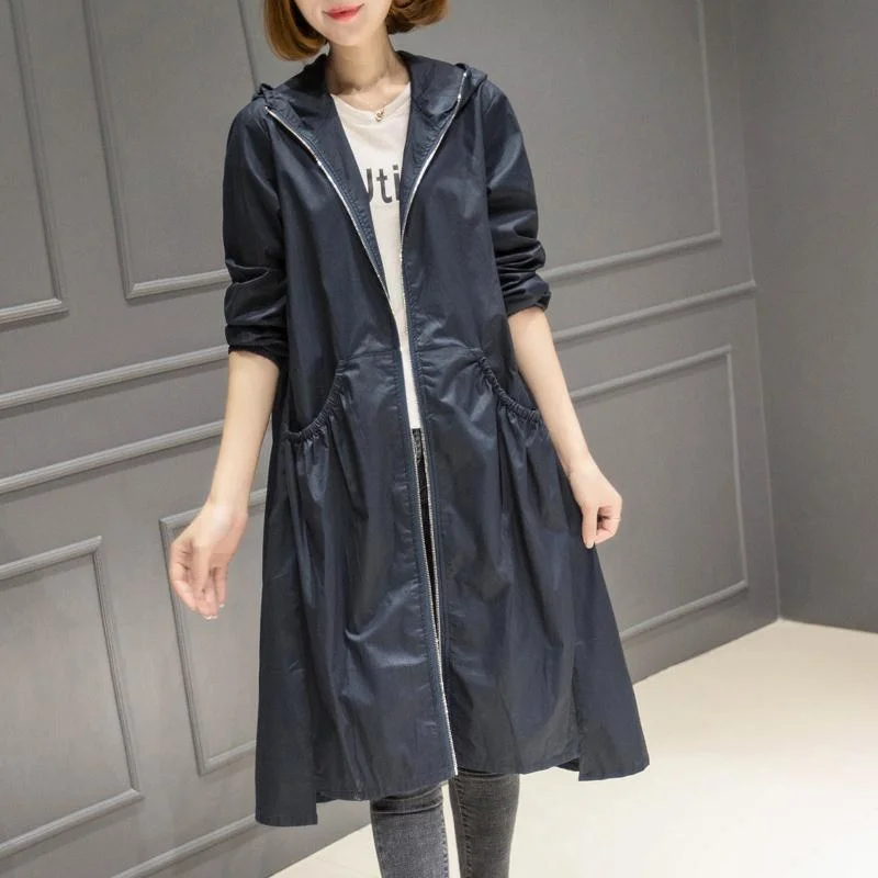 Spring Autumn New Korean Windbreaker Ladies Vintage Loose Large Size Thin Long Trench Coat Women Hooded Top Gabardina Mujer