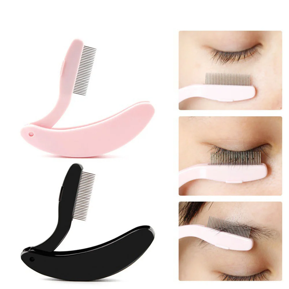 Folding Eyelash Separator Comb With Stainless Steel Teeth For Lashes Brows Portable Curved Eyebrow Comb Girls Makeup Tool