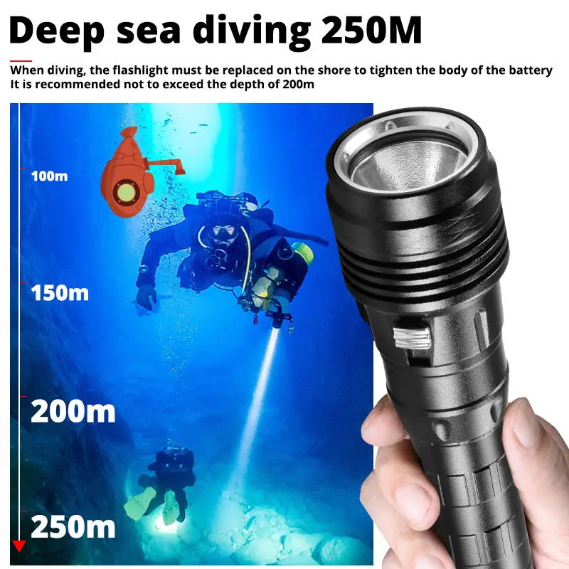 XHP50.2 Powerful LED Scuba Diving Flashlight Brightest XHP50 Underwater 250M Torch IPX8 Waterproof 3T6 Dive Lamp Lantern 50W