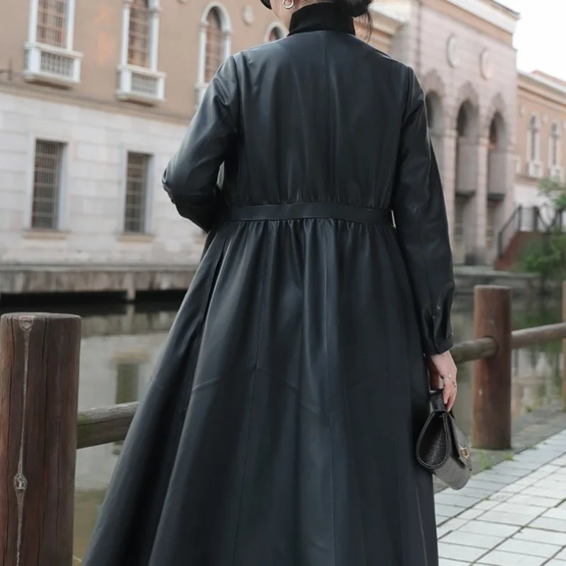 Slim Designer Long Trench Coat Female Streetwear V-Neck Genuine Leather Sheepskin Overcoat Office Lady Windbreaker Outwear