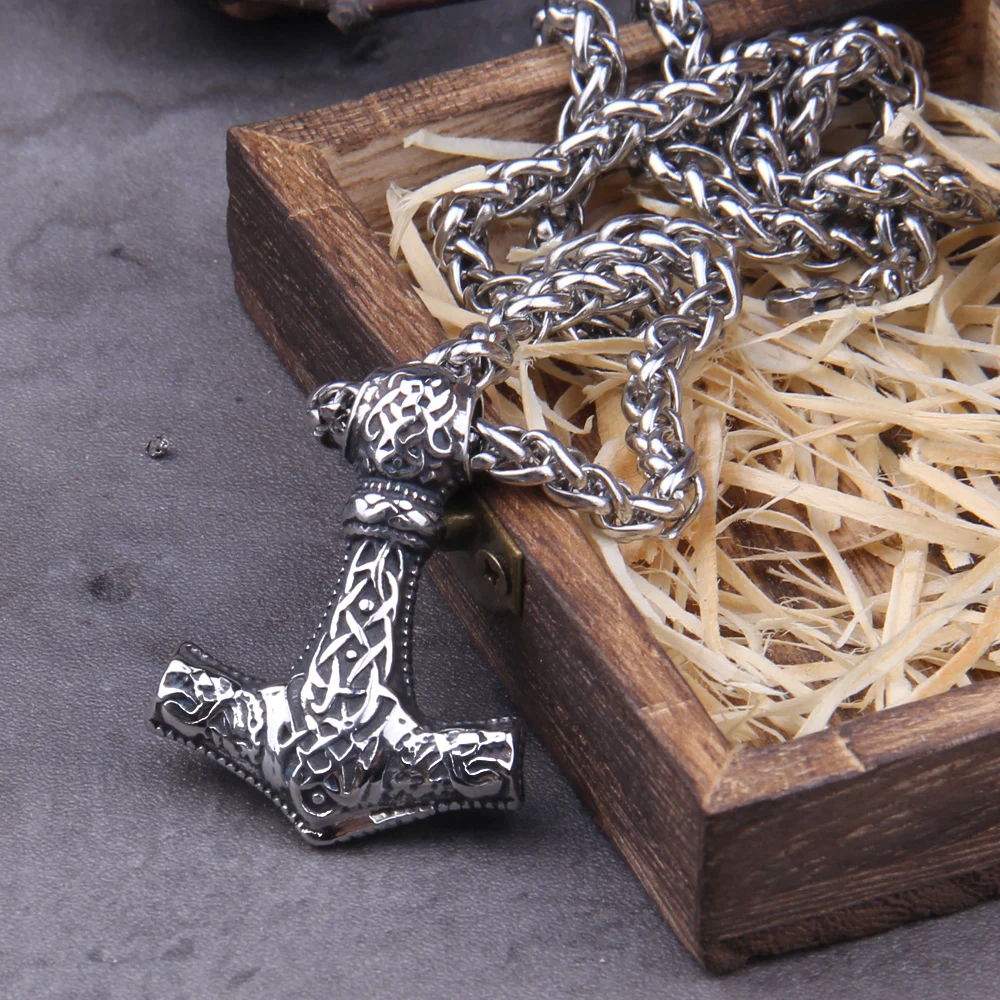 Norse Pagan Mjolnir Necklace Stainless Steel Thor Hammer Celtic Knot Talisman Amulet Punk Hip Hop Jewelry for Men with wood box